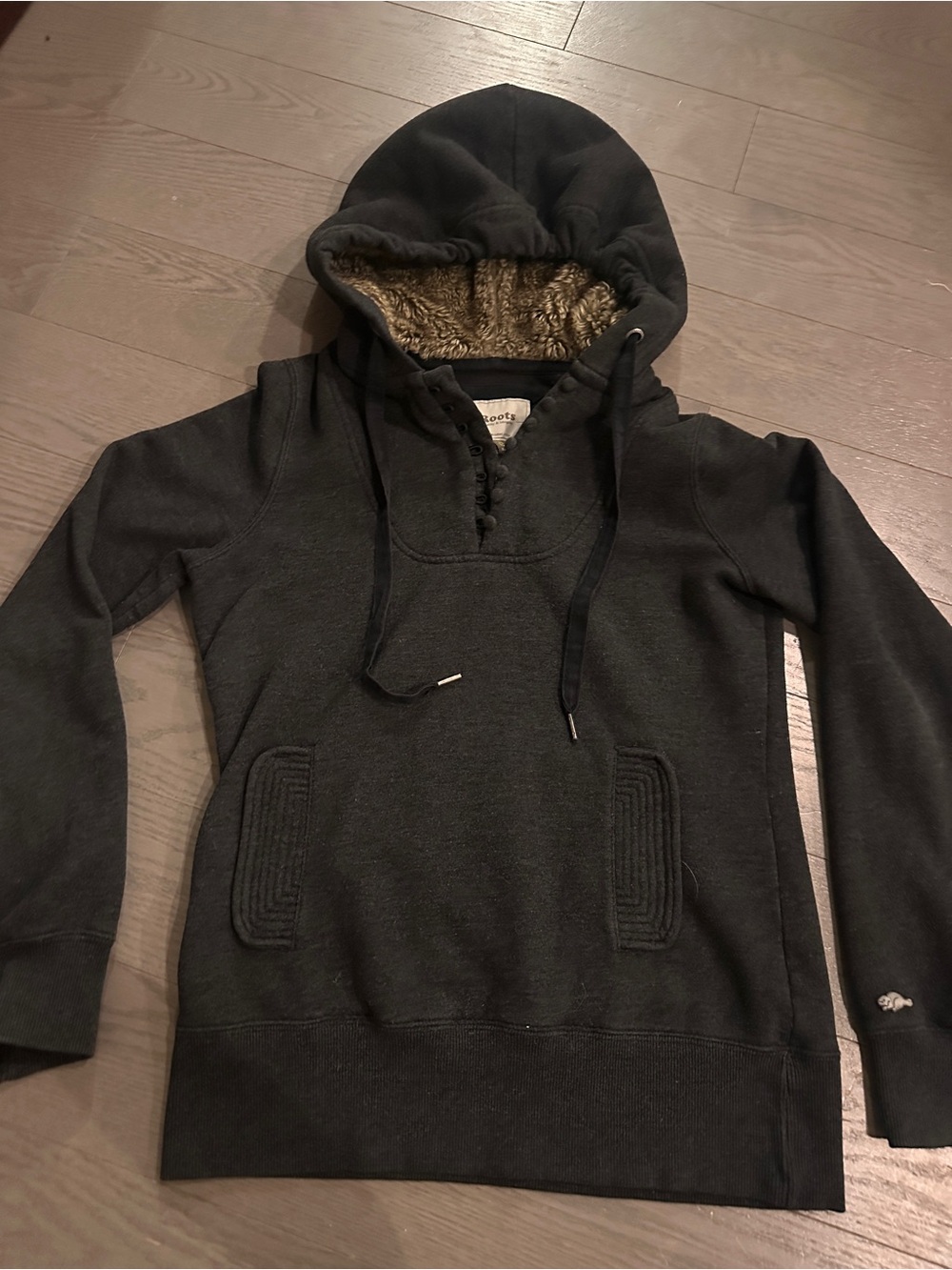 Roots Sherpa Lined Hoodie Black/Charcoal | Women’s Small Petite